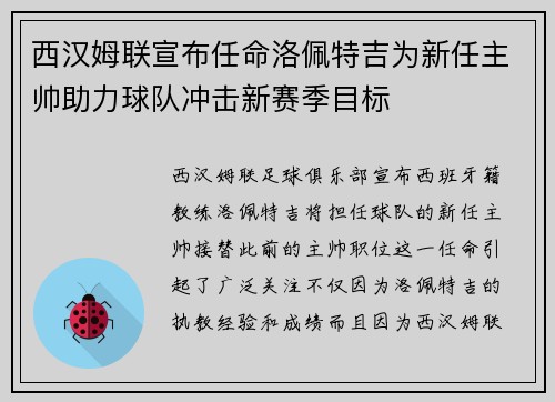 西汉姆联宣布任命洛佩特吉为新任主帅助力球队冲击新赛季目标 西汉姆联宣布任命洛佩特吉为新任主帅助力球队冲击新赛季目标